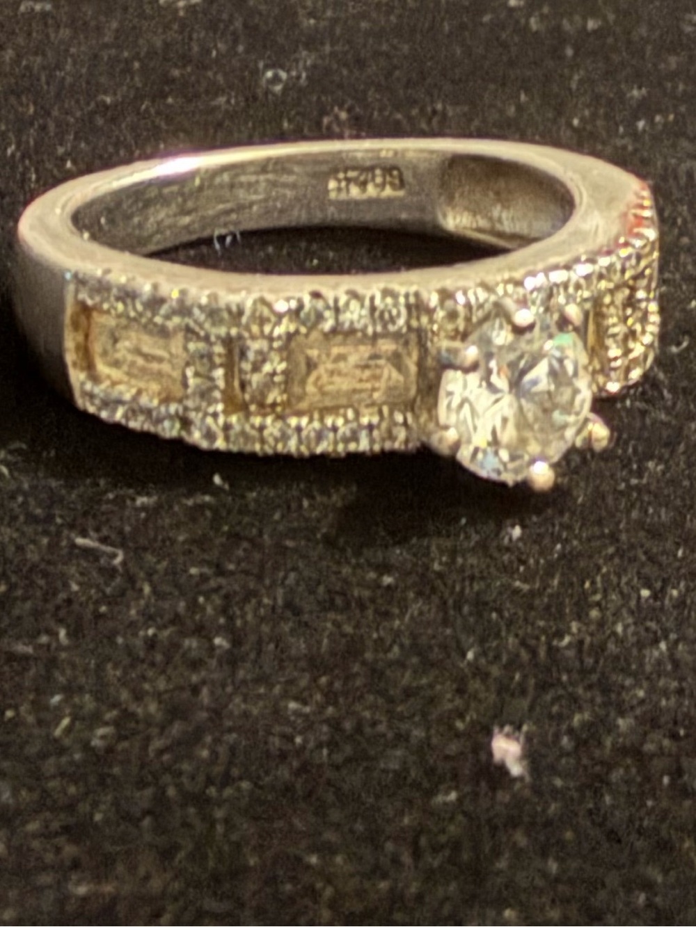 Vintage Silver Tone Ring with Clear Center Stone and Accent Gems